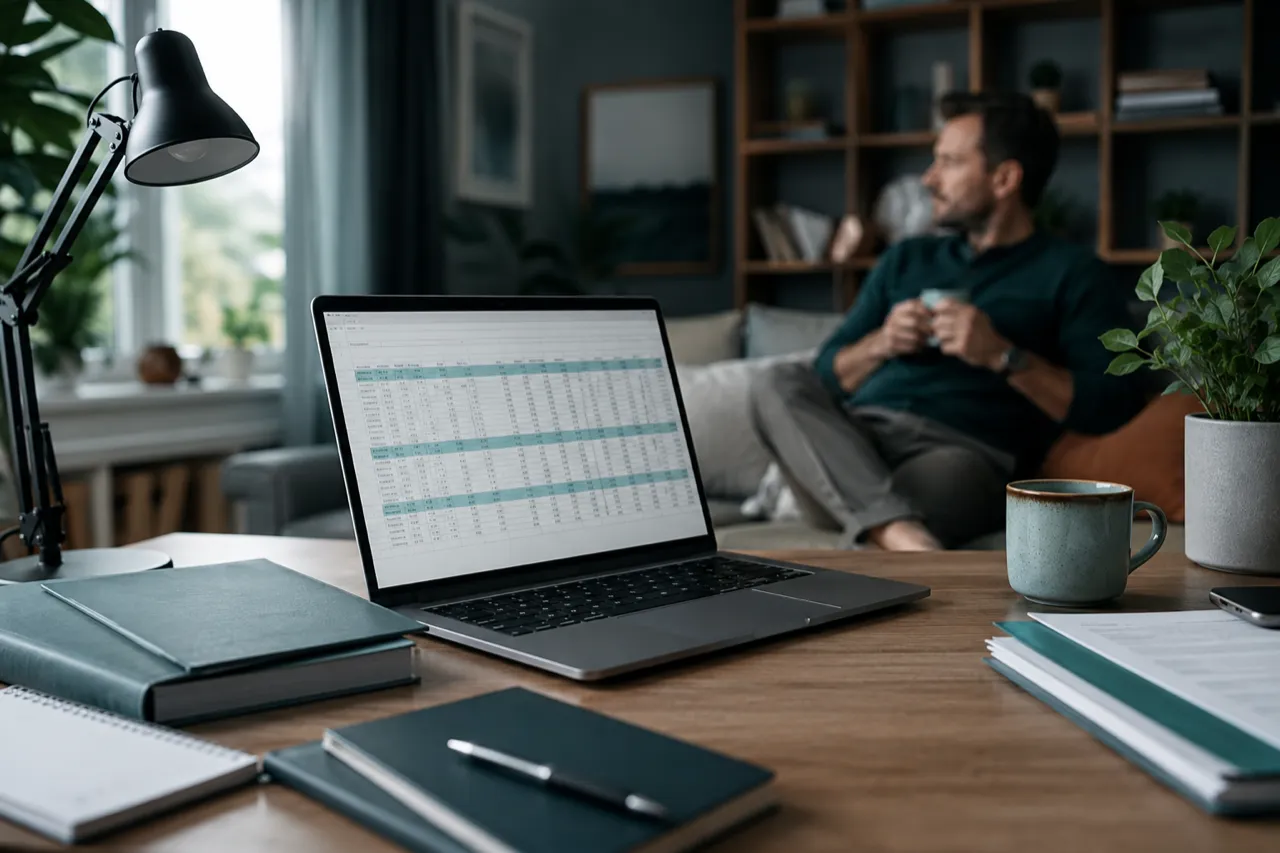 A tidy desk with folders and a laptop showing well-organised administration