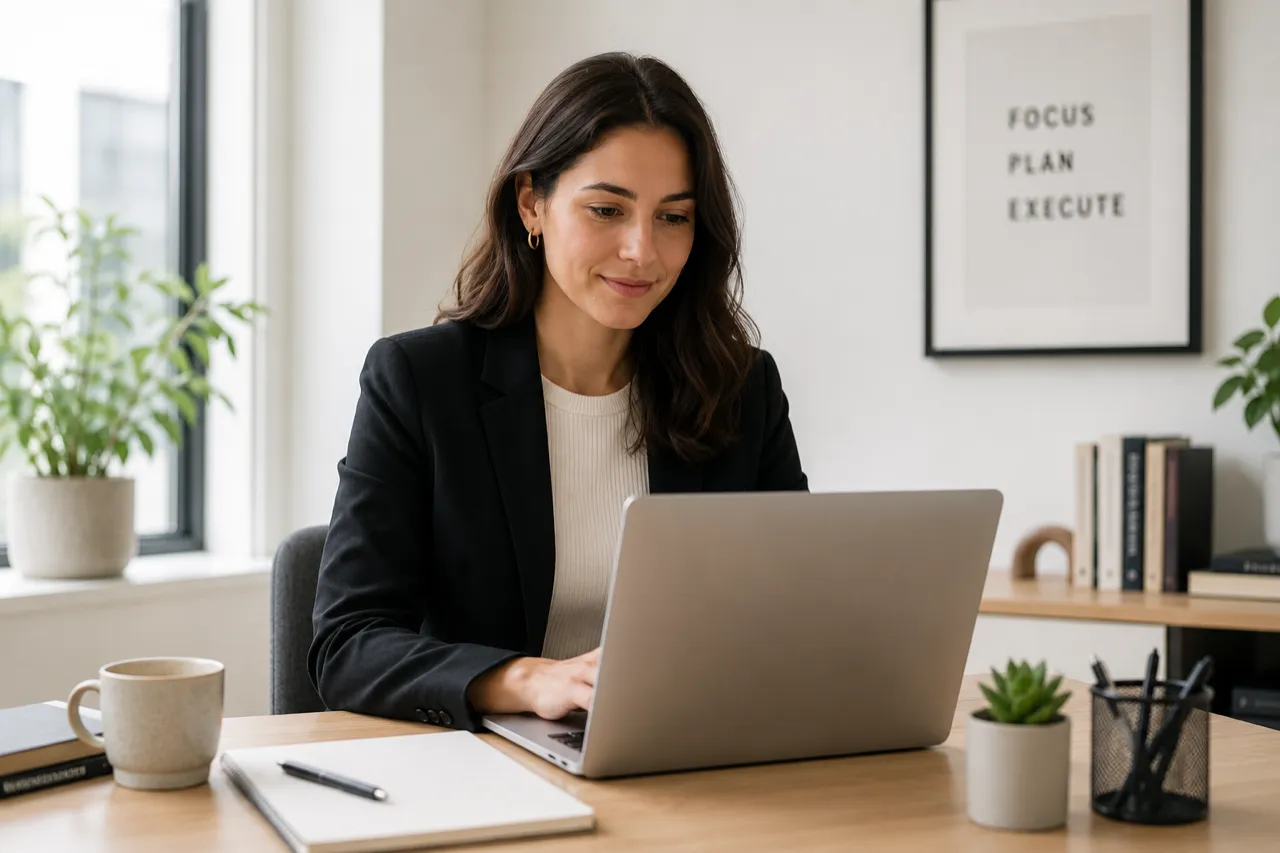 En virtuell assistent arbetar vid en laptop bredvid ett mjukt lysande AI-gränssnitt