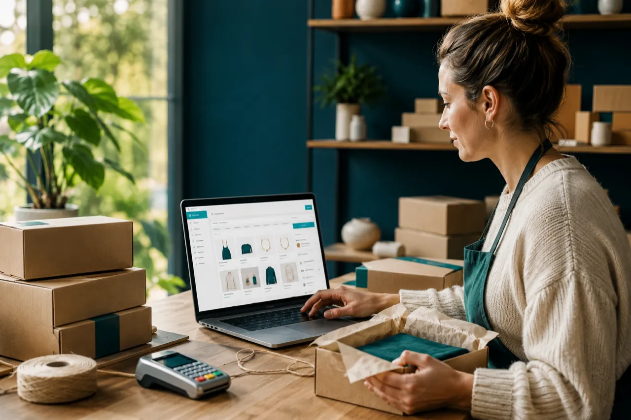 Webshop owner processing an order on a laptop with shipping boxes on the table