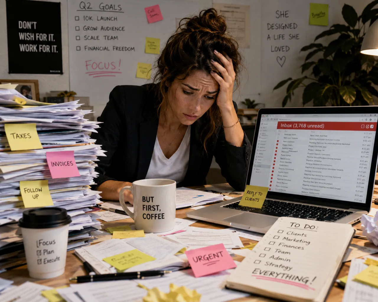 A busy entrepreneur with stacks of paper and an overflowing inbox at a desk