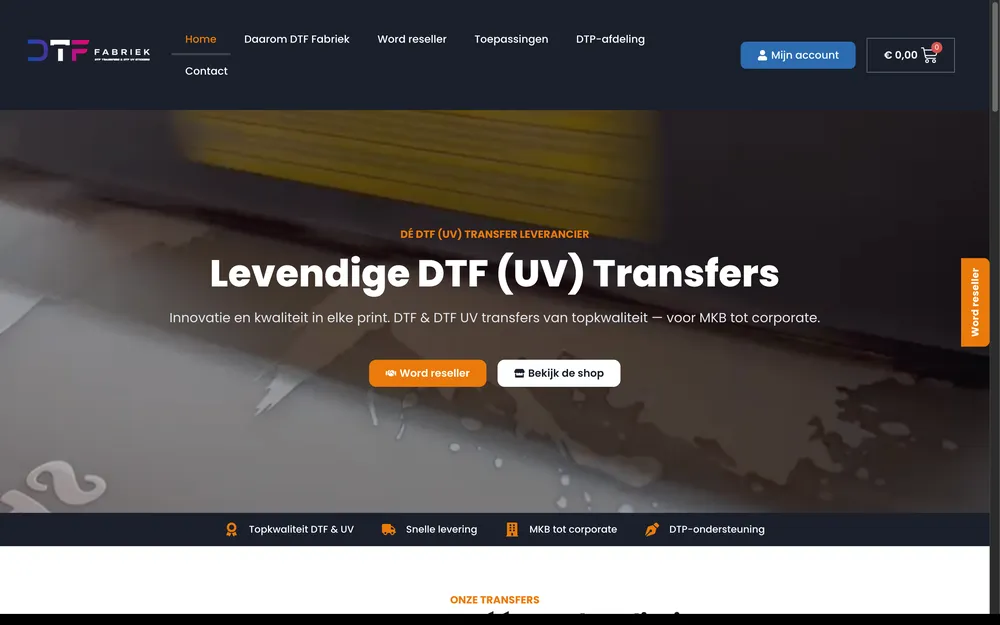 Website van DTF Fabriek, gebouwd door Your Virtual Assistant