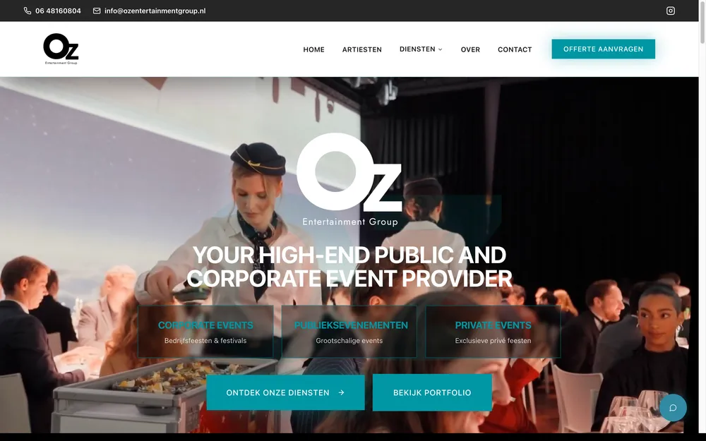 Website van Oz Entertainment Group, gebouwd door Your Virtual Assistant