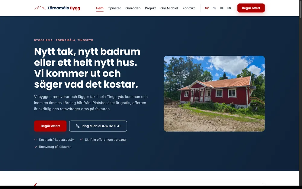 Website van Törnamåla Bygg, gebouwd door Your Virtual Assistant